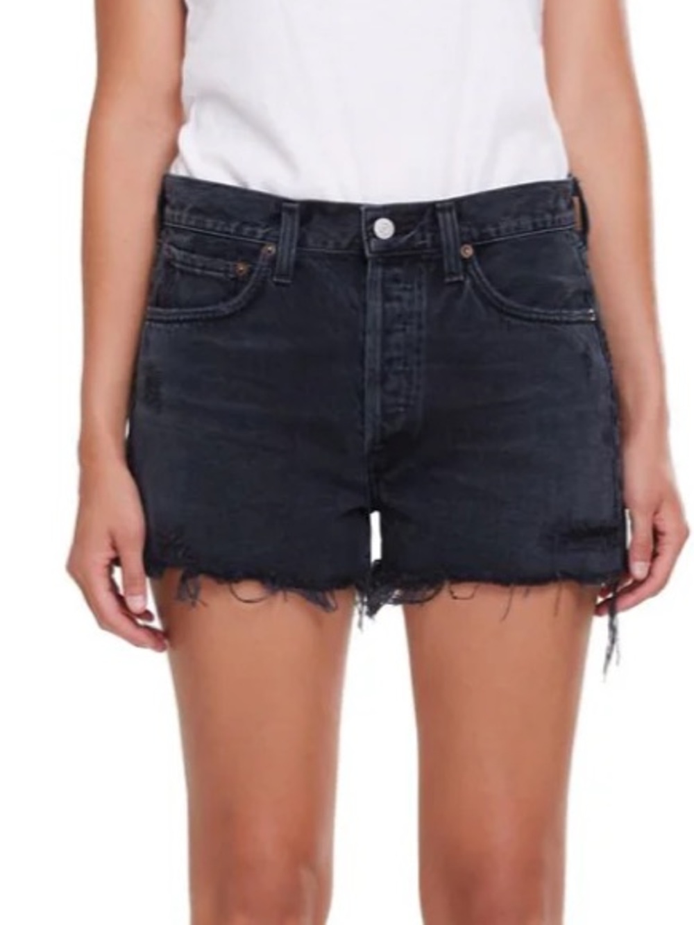 Agolde Black High-Rise Frayed Denim Shorts